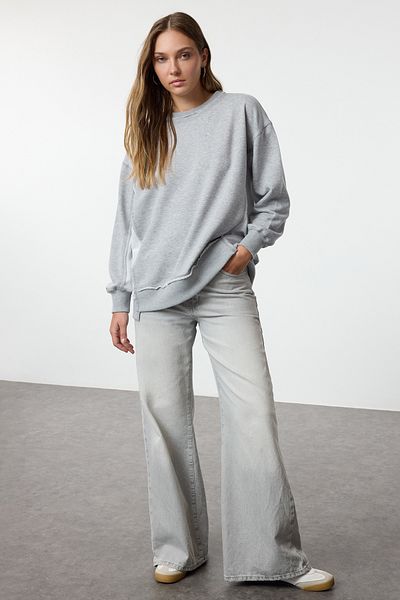 Trendyol Collection Fleecová šedá Melange Oversize pletená mikina - TWOAW25sw00185