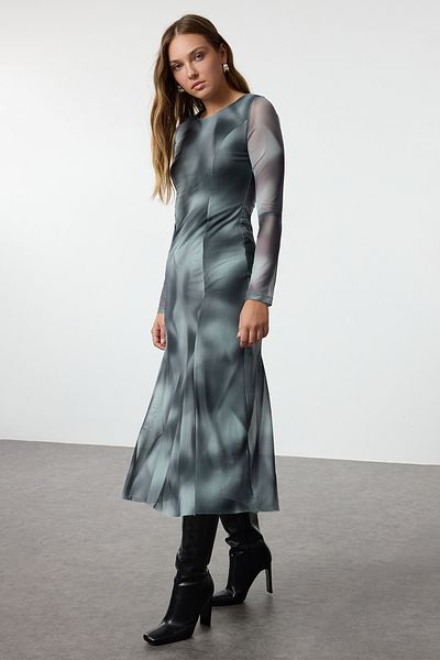 Trendyol Collection Crew Neck Midi Knitted Dress with Ruffle Skirt - Multicolored and Patterned Twoaw25el00402