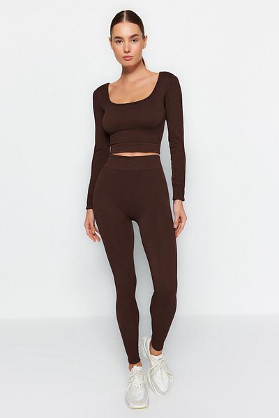 Trendyol Collection Dunkelbraune, nahtlos gestrickte Sport-Leggings – volle Länge – TWOAW20TA0071