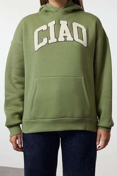 Trendyol Collection Φούτερ GreenOversizeFleece- Hooded,SloganPrint,Hick Inner Twoaw25sw00075