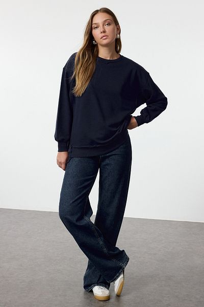 Trendyol Collection Polár sötétkék túlméretezett pulóver - vastag belső felület TWOAW25sw00185
