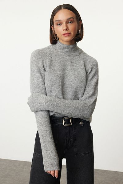 Trendyol Collection Szürke gyapjú állógalléros kötöttáru pulóver TWOAW25KZ00043