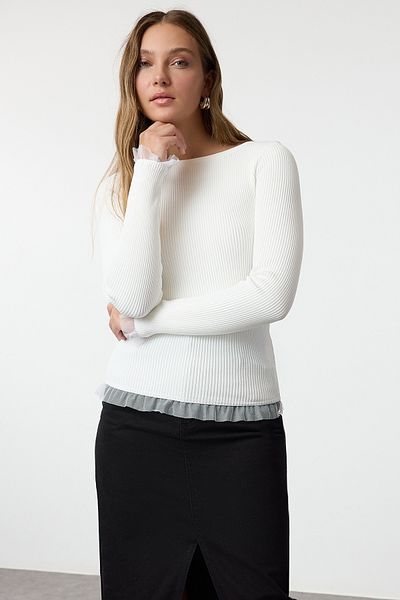 Trendyol Collection Thin Knitwear Sweater - Ecru Tulle Detailed, Twoaw25Kz00124