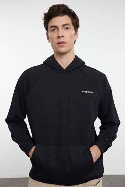 Trendyol Collection Unisex Anthracite Oversize φούτερ με κουκούλα - Raglan μανίκι, σύνθημα TMNAW25SW00156