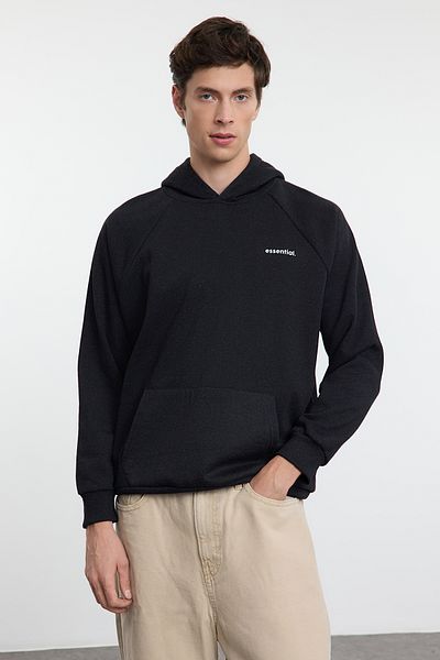 Trendyol Collection Unisex antracitová oversize mikina s kapucí – raglánový rukáv, Slogan Tmnaw25Sw00156