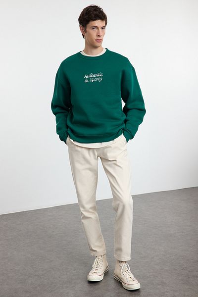 Trendyol Collection Smaragdově zelená vyšívaná oversize mikina – fleece, Tmnaw25Sw00012
