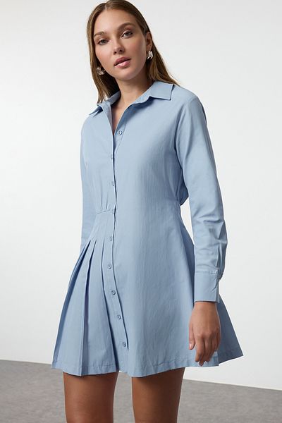 Trendyol Collection Rochie cămașă mini albastră simplă - Detaliu baterie, țesut, TWOAW25EL00472