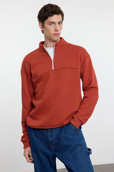 Trendyol Collection Φούτερ Fleece με φερμουάρ σε χρώμα τούβλο - Stand Collar TMNAW25SW00031