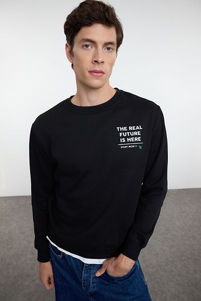 Trendyol Collection Черен суитшърт с кръгло деколте и текст с щампа - Tmnaw25Sw00179