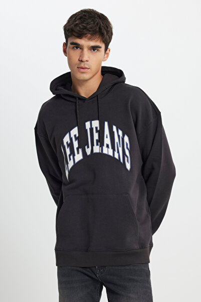 Lee Relaxed Fit Geniş Kesim %100 Pamuk Kapüşonlu İçi Polarlı Antrasit Sweatshirt