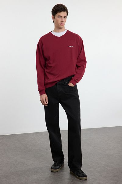Trendyol Collection Unisex Burgundy V-Ausschnitt Fleece Oversize Sweatshirt - TMNAW25SW00157