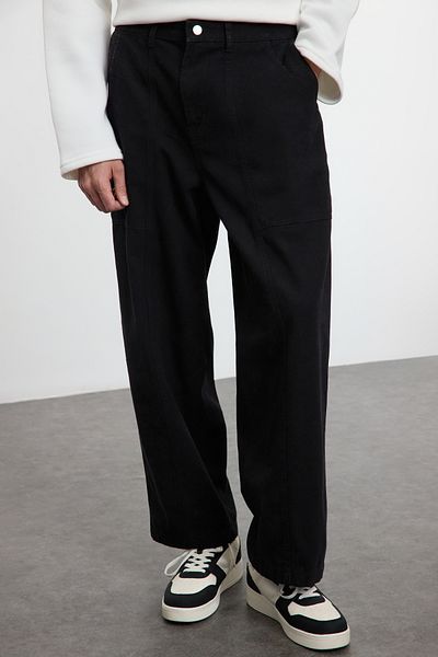 Trendyol Collection Schwarze Unisex-Ballon-Passform, gewebte Gabardine-Hose mit Bindedetail an der Taille TMNAW25PL00008