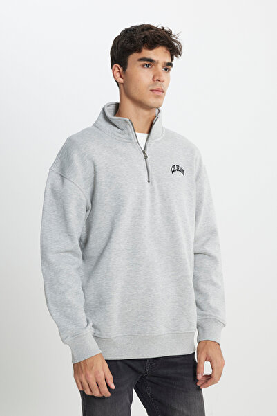 Lee Regular Fit Normal Kesim Dik Yaka Şardonlu Yarım Fermuar Gri Melanj Sweat...