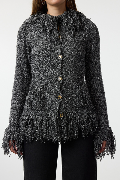 Trendyol Collection Black Fringe Coat Look Cotton Knitwear Cardigan Twoaw25Hi00233