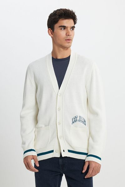 Lee Ecru Herren-Strickjacke mit normaler Passform, normaler Passform, Stehkragen