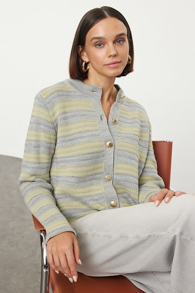 Trendyol Collection Gray Striped Knitwear Cardigan - Jacket Look Twoaw25Hi00221