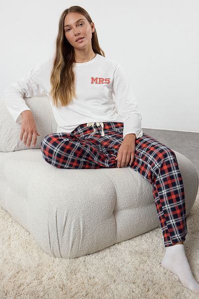 Trendyol Collection Λευκό 100% βαμβακερό καρό σετ πιτζάμες - Γυναικείο ζευγάρι/ζευγάρι THMAW25PT00166
