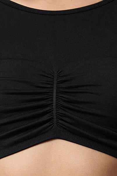 Trendyol Collection Seamless Super Crop Sports Top - Drawstring Detail, Black Knitted Thmaw25Bz00007