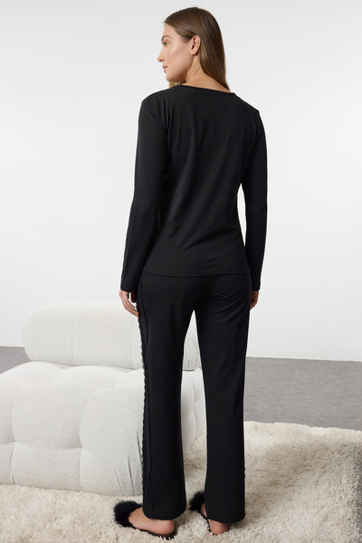 Trendyol Collection Μαύρο 100% βαμβακερό δαντέλα πλεκτό σετ πιτζάμες THMAW25PT00096