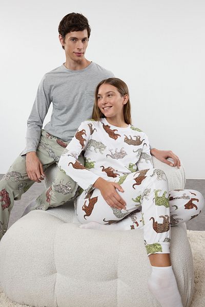 Trendyol Collection Sada dámského pyžama ze 100% bavlny se vzorem bílého tygra – Thmaw25Pt00161