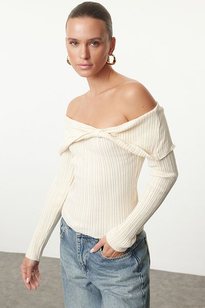 Trendyol Collection Pletený svetr Carmen Collar Ecru - Color Block, Twoaw25Kz00170