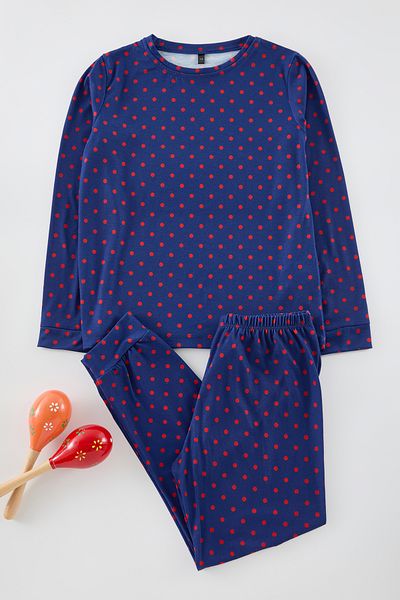 TRENDYOLKIDS Sötétkék unisex pöttyös pizsama szett - kötött alsó szett Tkdaw25au00095
