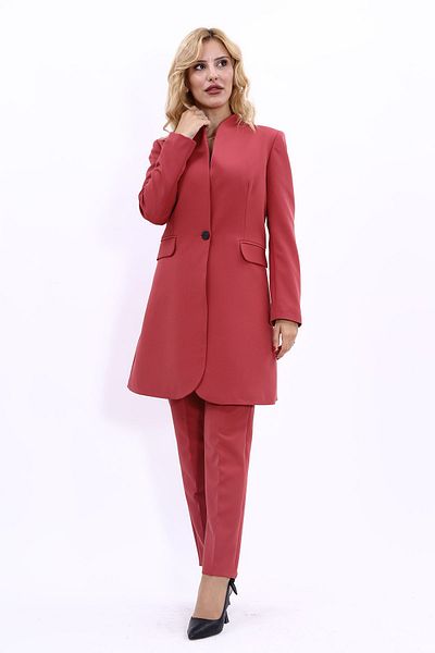 ÖNDER ÖZSOY Brick Color Long Collarless Jacket and Pipe Leg Trousers Set