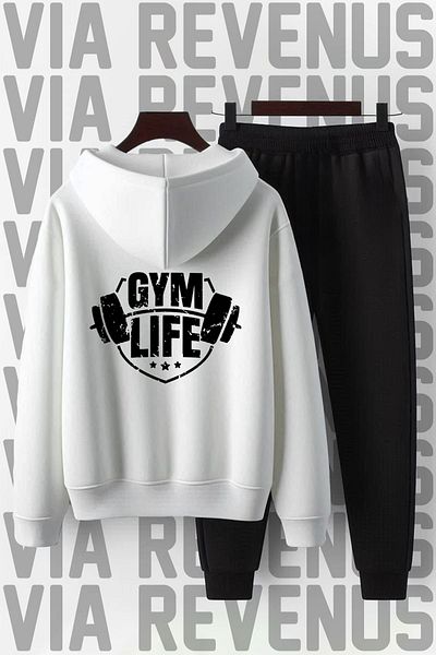 Vordevia Unisex Gym Life Printed Hooded Tracksuit Set - Wide Fit, Soft Fabric