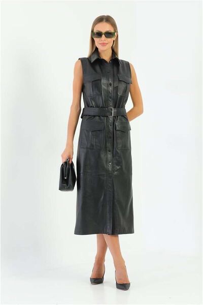 Felix Hardy Cep Ve Kemer Detaylı Kadın %100 Hakiki Deri Elbise - Siyah