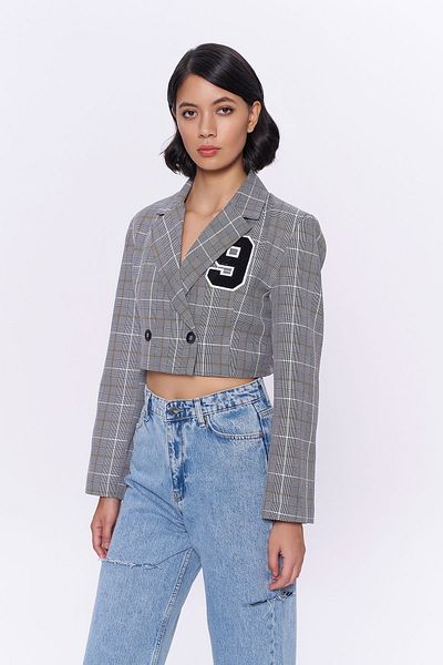 Quzu Γκρι Crop Blazer Jacket - Διπλά κουμπιά και καρό