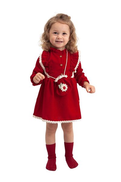 Nehirim Kids Rochie roșie de Anul Nou de iarnă pentru fetiță cu geantă și dantelă cu mânecă lungă (2-3-4-5 ANI)
