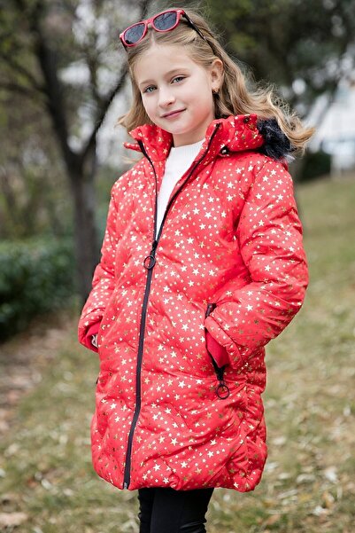 Lela Faux Fur Collar Star Pattern Removable Hooded Plush Lined Winter Coat Girls' M