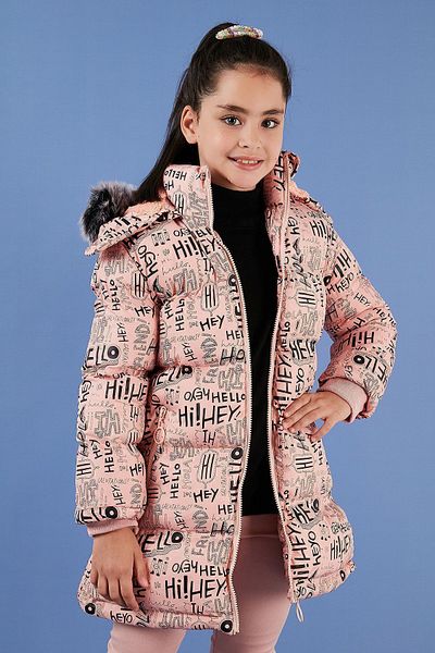 Lela Faux Fur Text Printed Removable Hooded Plush Lined Winter Coat Girls Child MON