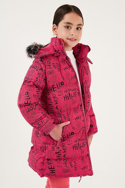 Lela Faux Fur Text Printed Removable Hooded Plush Lined Winter Coat Girls' COAT