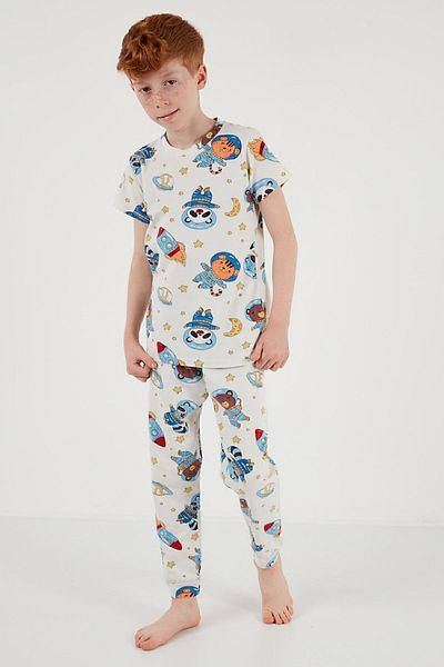 Lela Patterned 100% Cotton Crew Neck Pajama Set Boy's Pajama Set6651003