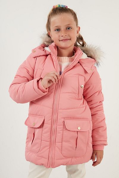 Lela Girl's Coat with Faux Fur Collar and Plush Lining and Hooded Pocket 6034040