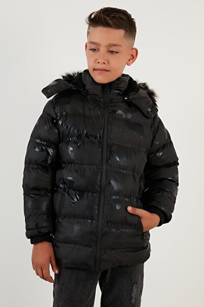 Lela Camouflage Patterned Plush Lined Removable Hooded Winter Coat with Pockets Boys' Coat 57600
