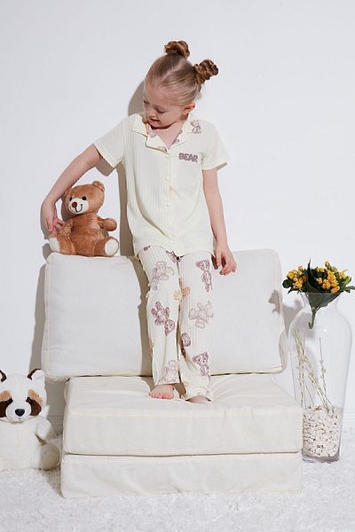 Lela Printed Elastic Waist Shirt Collar Short Sleeve Pajamas Set Girl's SET6576001