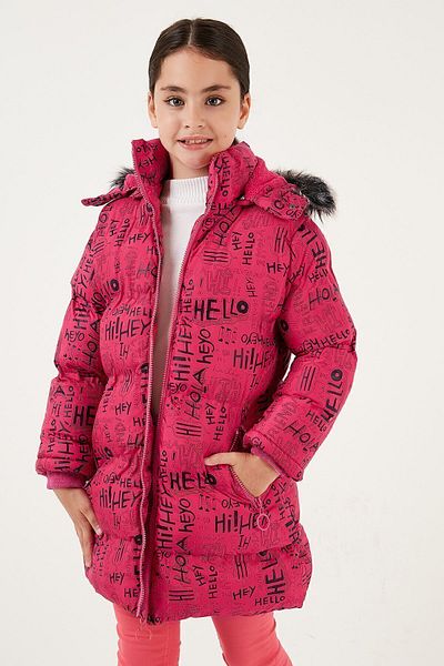 Lela Faux Fur Text Printed Removable Hooded Plush Lined Winter Coat Girls' COAT