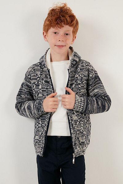 Lela Zippered Hooded Plush Winter Cardigan Boy's Cardigan 633mj412