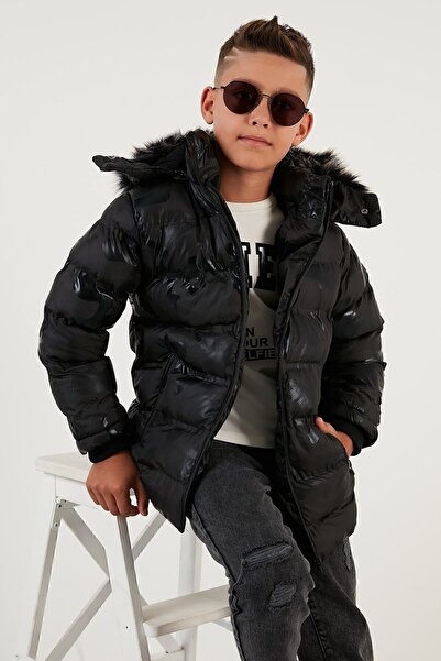 Lela Camouflage Patterned Plush Lined Removable Hooded Winter Coat with Pockets Boys' Coat 57600
