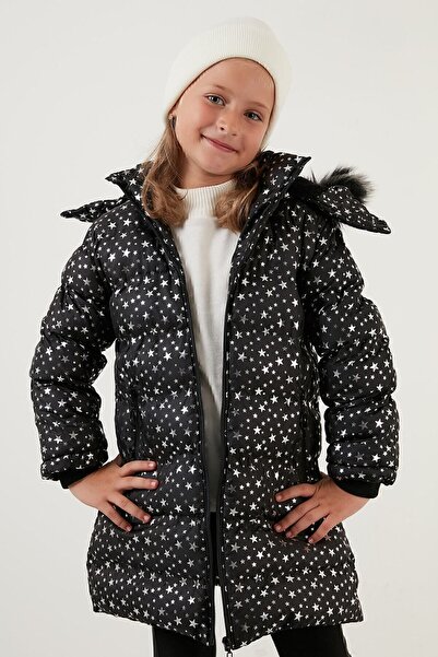 Lela Faux Fur Collar Star Pattern Removable Hooded Plush Lined Winter Coat Girls' M