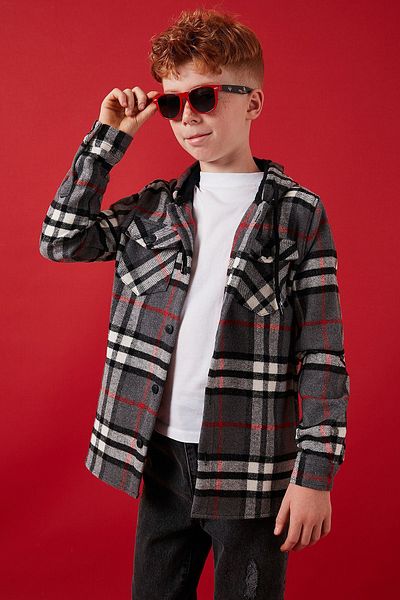 Lela Boy's Hooded Lumberjack Shirt - Double Pocket, Plaid Pattern Cf25W81786