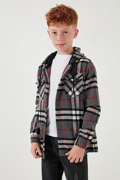 Lela Boy's Hooded Lumberjack Shirt - Double Pocket, Plaid Pattern Cf25W81786