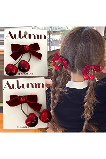 MutluBiDünya Lily Kız Çocuk Kadife Kurdeleli Kiraz Toka Okul Tokası