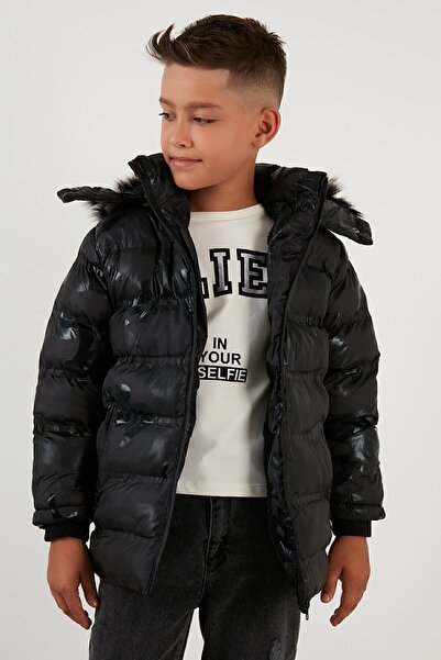 Lela Camouflage Patterned Plush Lined Removable Hooded Winter Coat with Pockets Boys' Coat 57600