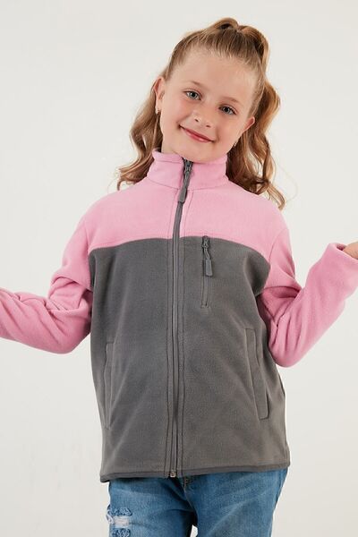 Lela Soft Textured Zippered Color Block Stand Collar Pocket Fleece Unisex Children's Fleece 5905001