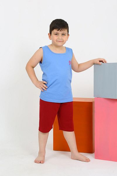 Akbeniz Set pijama pentru băiat albastru din bumbac pieptănat - cu pantaloni scurți, mânecă zero, 20434