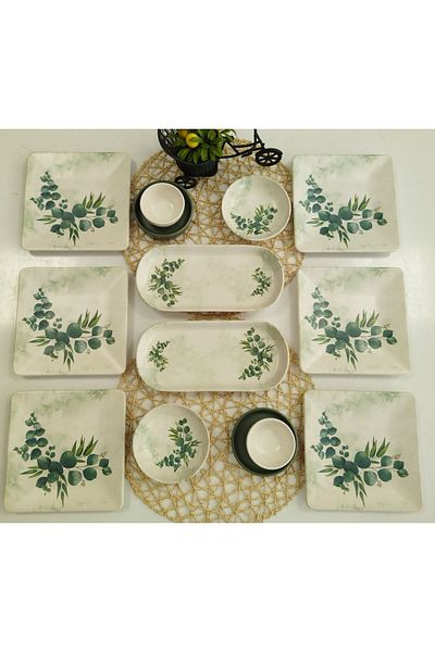 Keramika Eucalyptus Set for 6 People - Breakfast Square, 14 Pieces