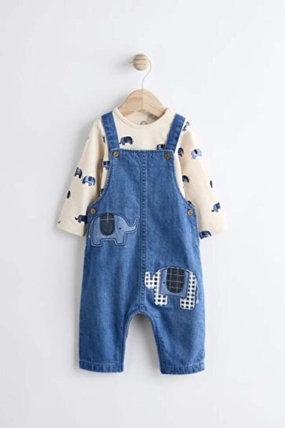 Next Baby Cotton Blue Elephant Patterned Baby Jeans Body Bodysuit Salopette Set